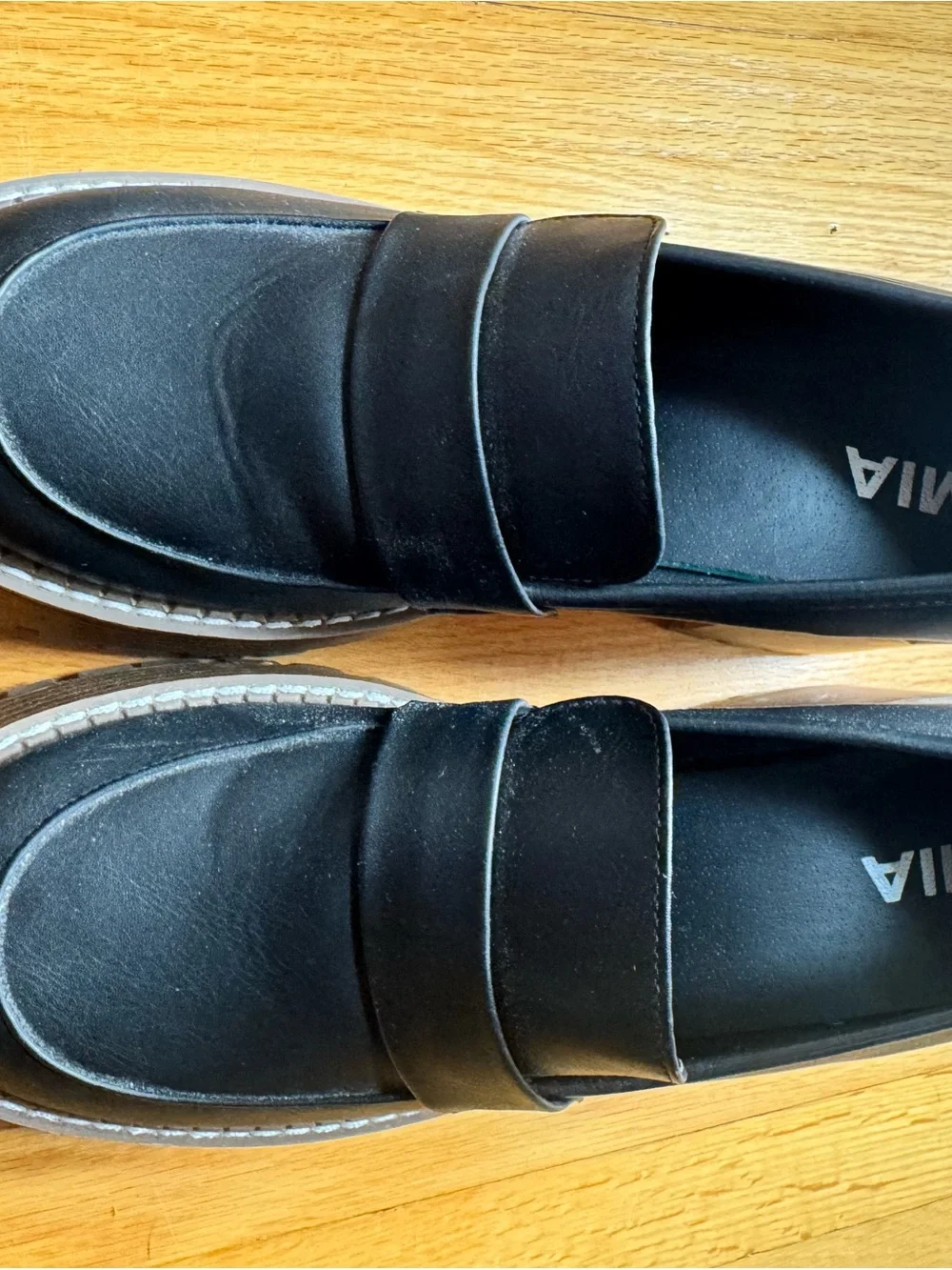 MIA Black Leather Platform Loafers with Wood-Effect Sole